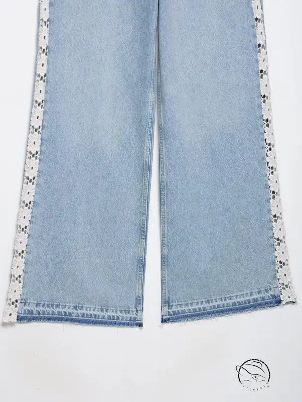 Zara high waist wide leg jeans in light blue denim with white lace trim