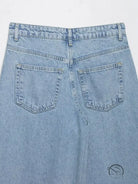 Light blue high waist wide leg jeans with crochet stitching and button fly