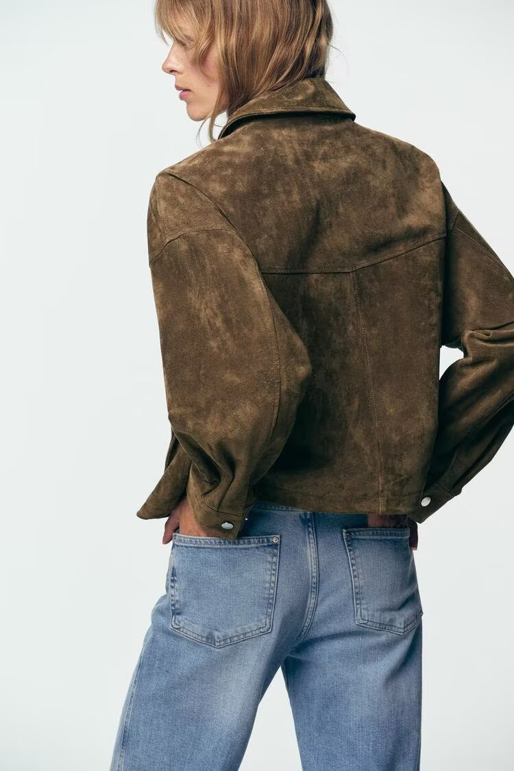 Brown leather bomber jacket with corduroy details and Zara flap pockets