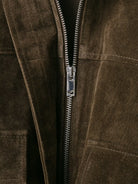 Brown suede leather bomber jacket with silver zipper and pocket