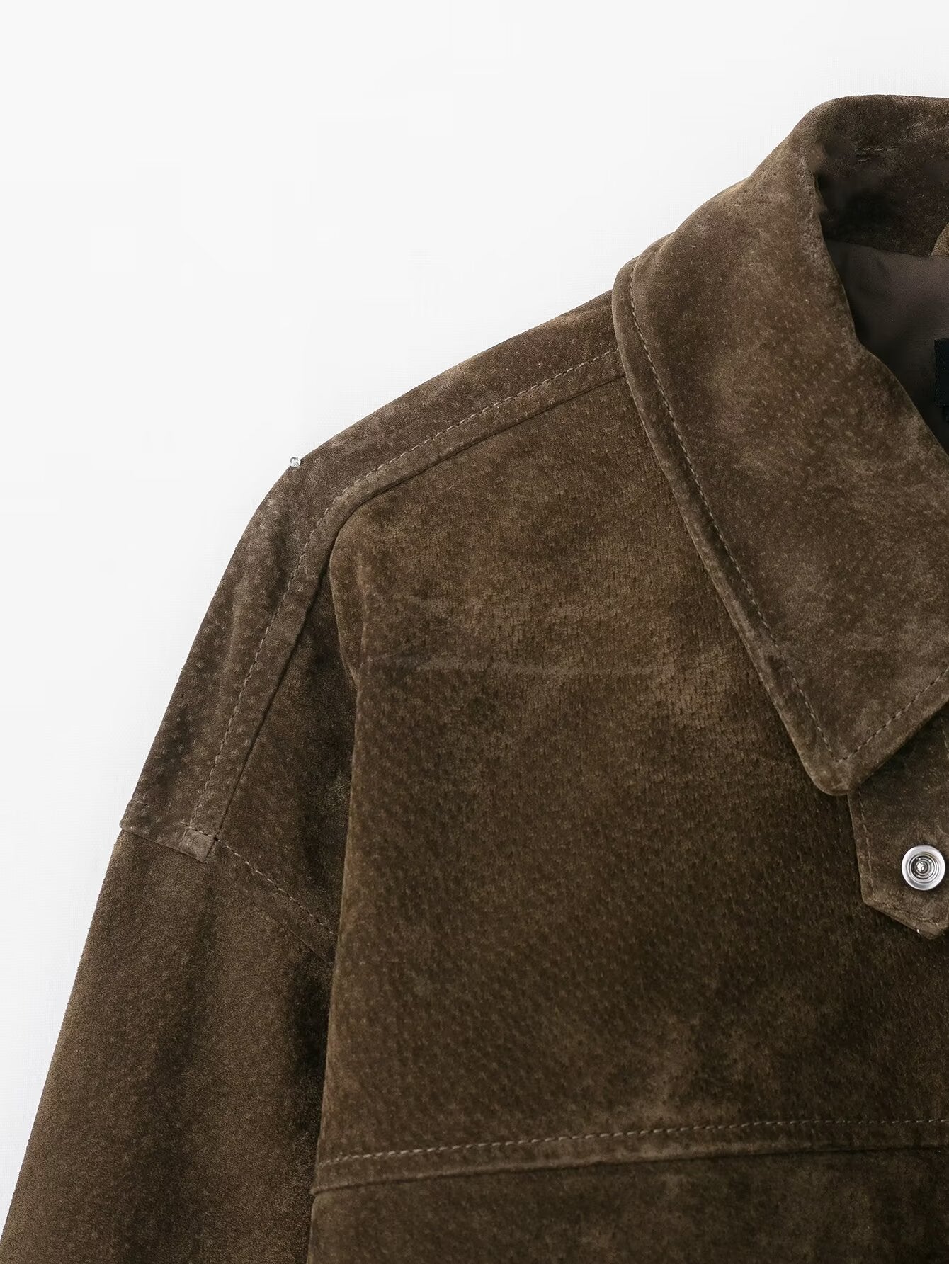 Brown suede leather bomber jacket with button closure and collar