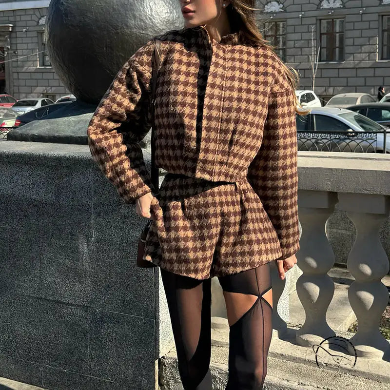 Classic langry fashion two-piece set with checkered wool coat, belt, stockings, and boots