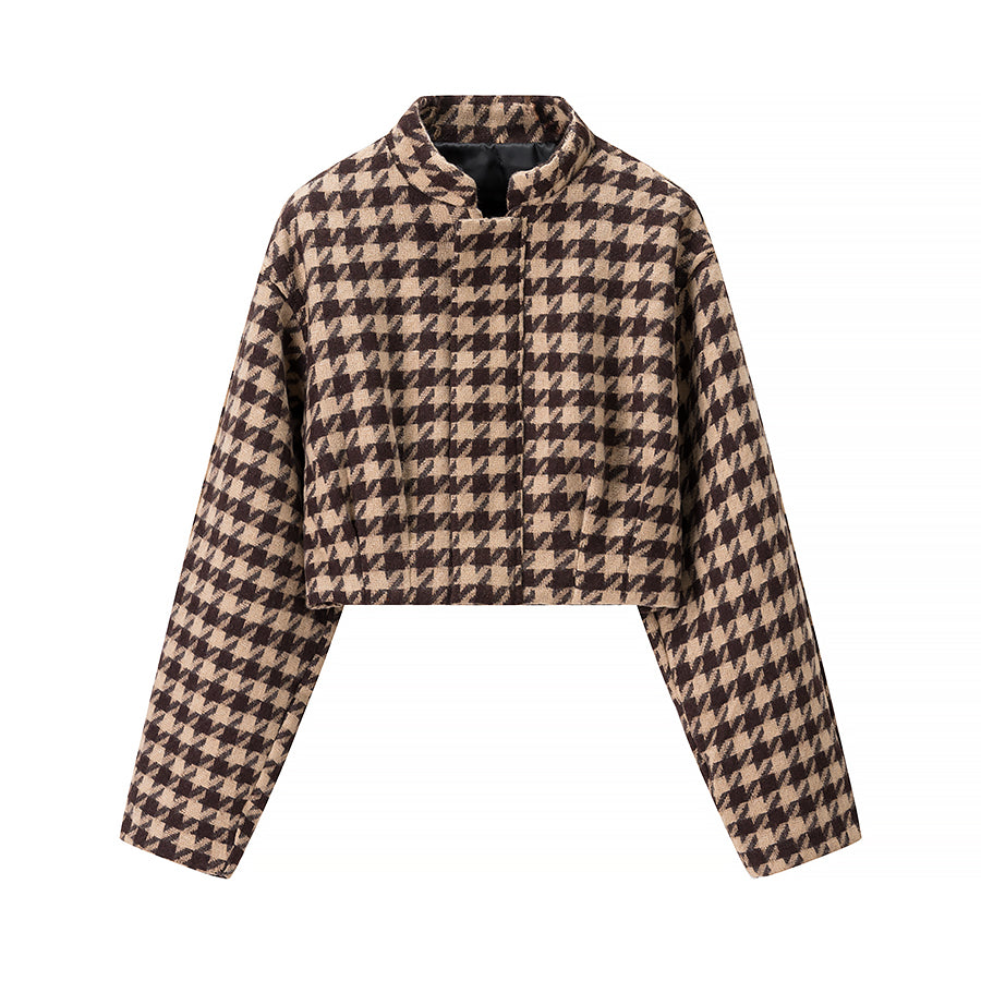 Langry fashion houndstooth cropped jacket in brown and beige