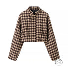 Langry fashion brown beige houndstooth cropped jacket with stand-up collar in stylish two-piece set