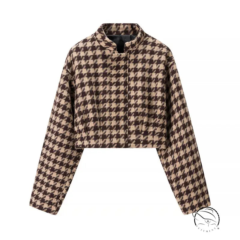 Langry fashion brown beige houndstooth cropped jacket with stand-up collar in stylish two-piece set