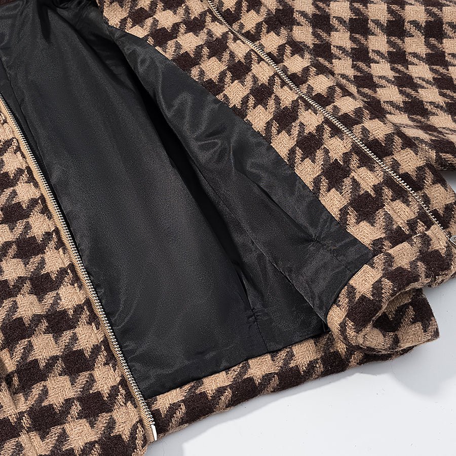 Langry fashion houndstooth jacket in brown beige with black lining, stylish two-piece set