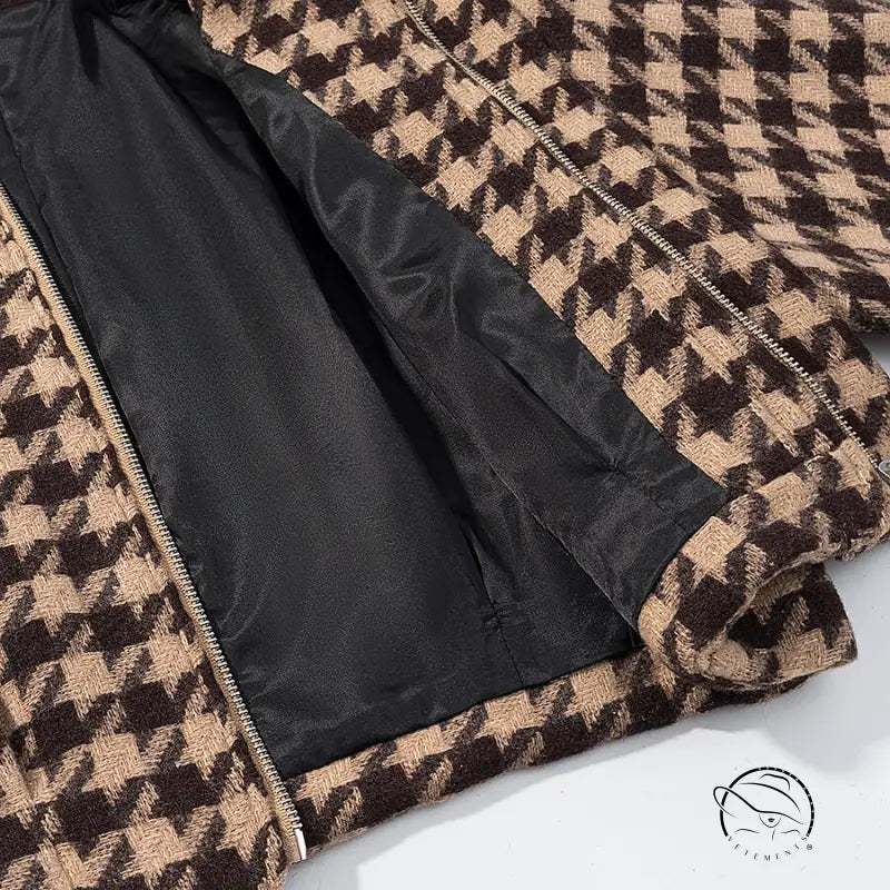 Langry fashion brown beige houndstooth jacket with black lining in stylish two-piece set