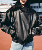 Langry retro pattern faux leather jacket with high collar and buttons