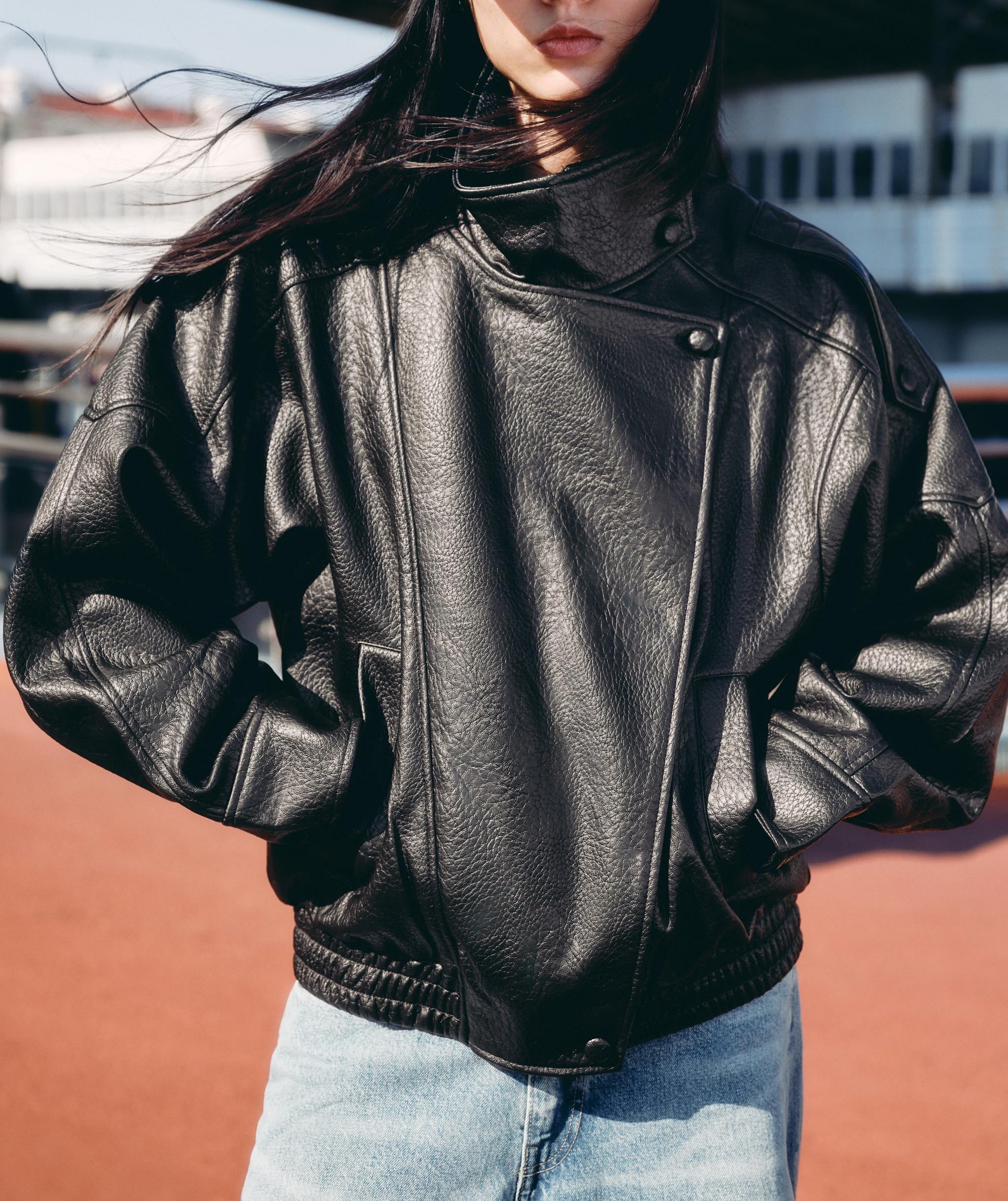 Langry retro pattern faux leather jacket with high collar and buttons