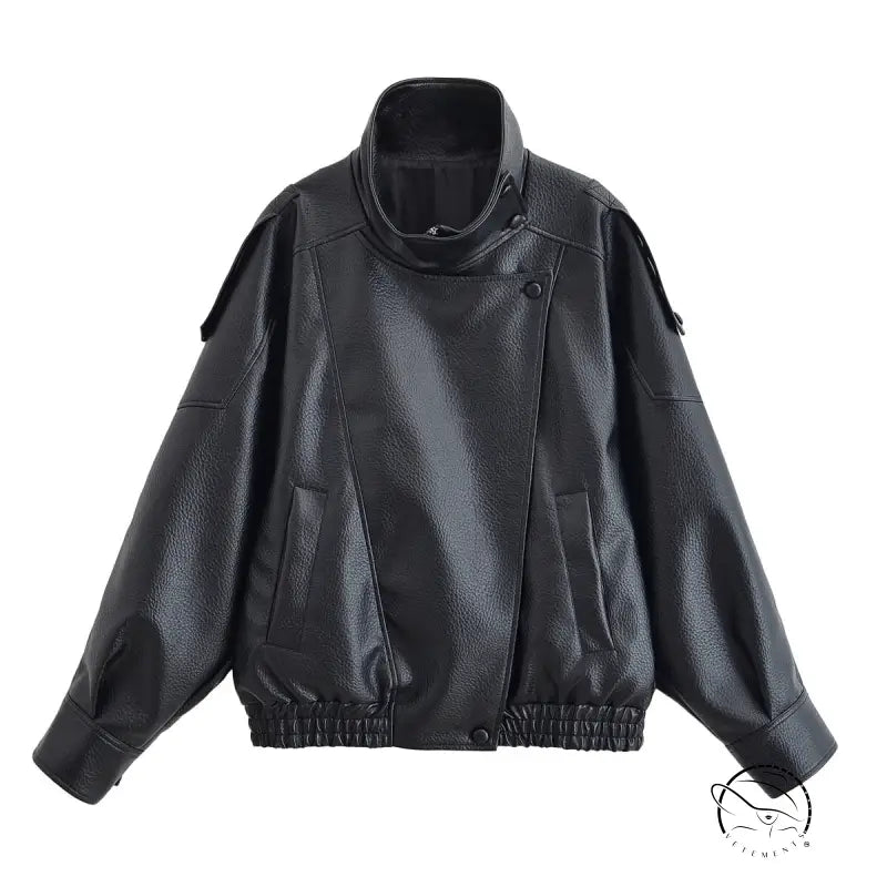 Retro faux leather jacket coat with high collar and button closure