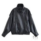 Retro faux leather jacket with high collar and button closure