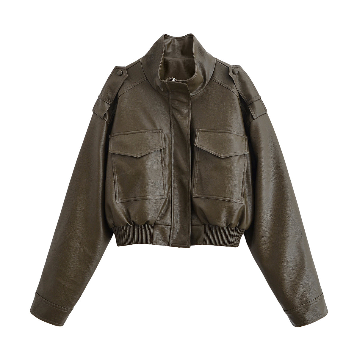 Langry faux leather olive green bomber jacket with patch pockets