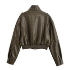 Olive green faux leather bomber jacket with high collar, ribbed cuffs