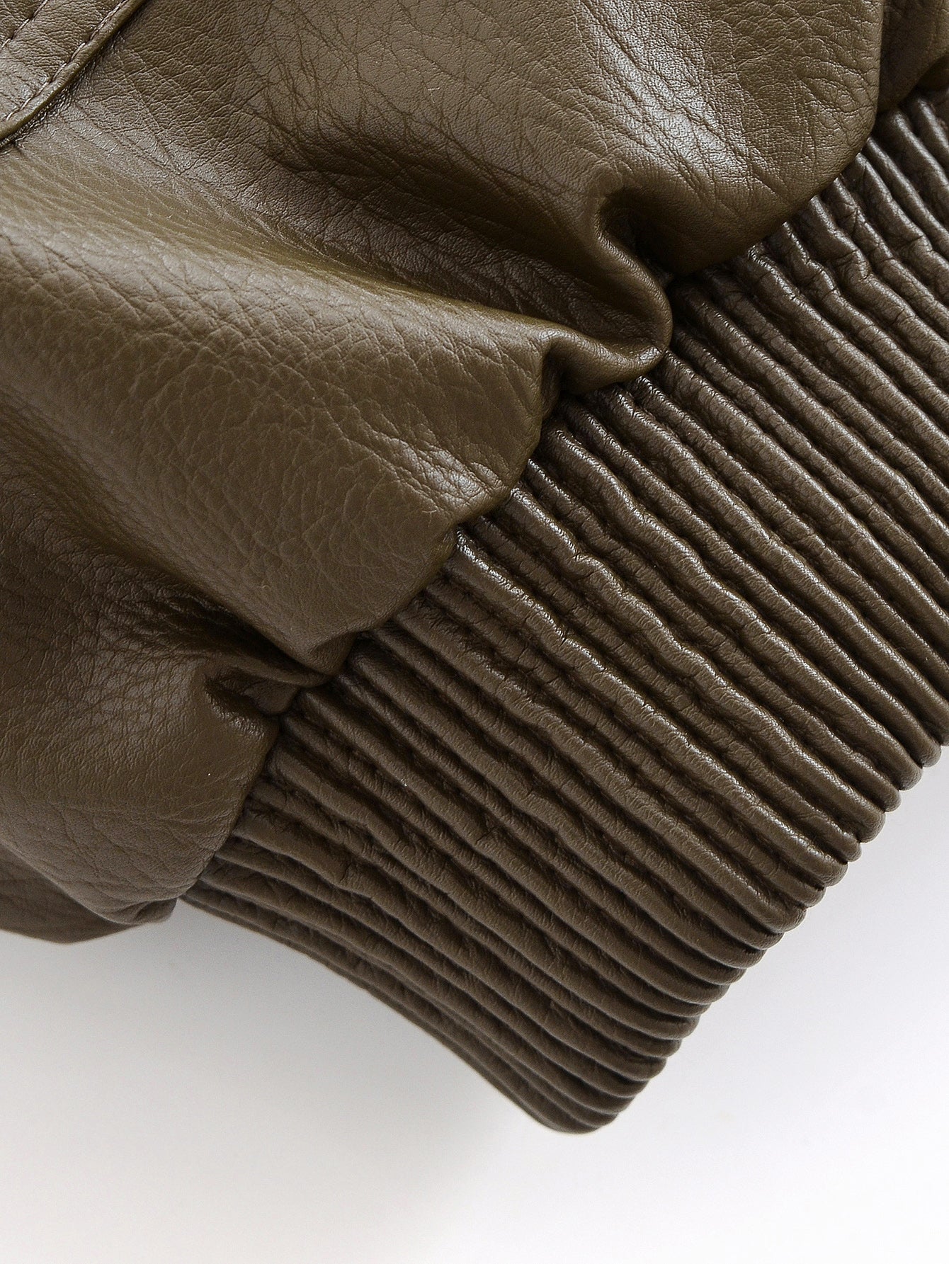 Casual polo collar faux leather short jacket in olive green with ribbed knit lining