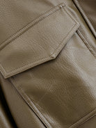 Langry faux leather casual polo collar short jacket with beige textured patch pockets