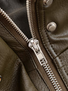 Casual polo collar faux leather short jacket in brown with silver zipper