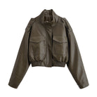 Olive green faux leather Langry bomber jacket with patch pockets