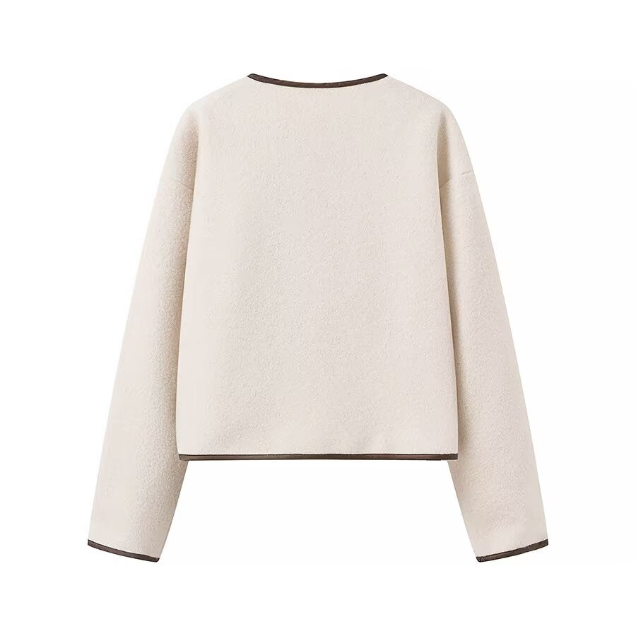 Langry fashion cream-colored cropped sweater with black trim, round neckline