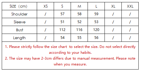 جدول مقاسات المعطف المريح برباط باللون الأبيض مع نص أسود وخطوط حمراء، ملابس Langry fashion