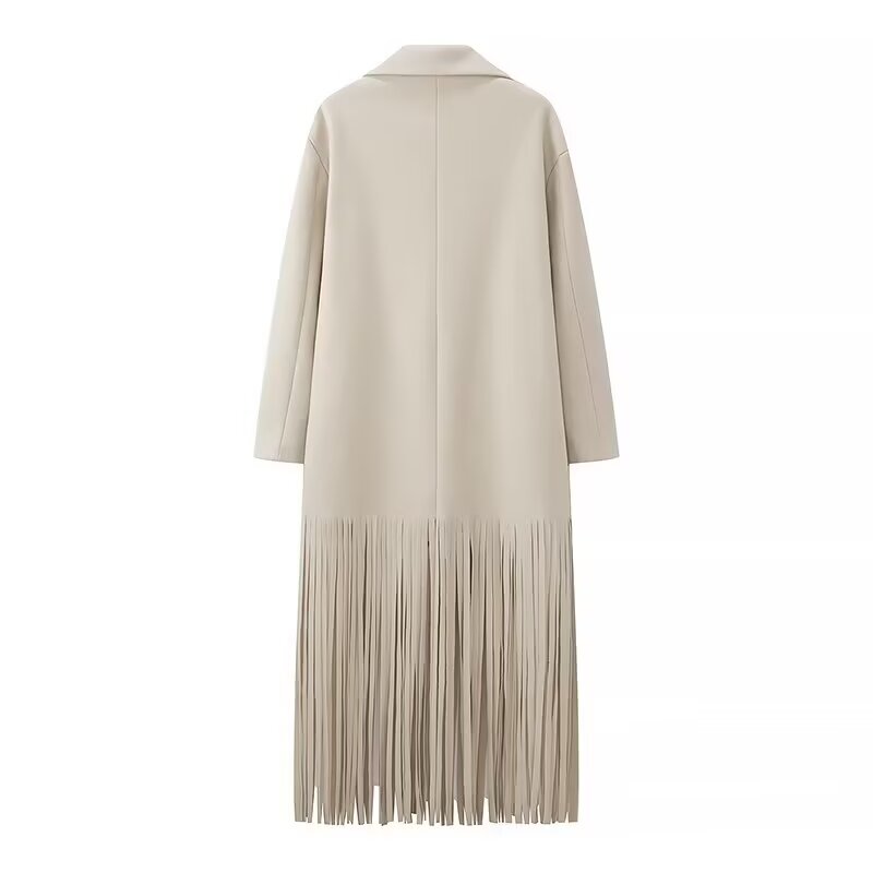 Beige langry fashion trench coat with fringe, double-breasted closure