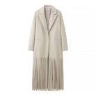 Beige mid-length tassel trench coat with fringe and pockets, langry fashion ملابس