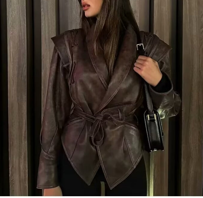 Fashionable Langry faux leather jacket with high collar and tie waist