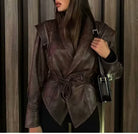 Fashionable Langry faux leather jacket with high collar and tie waist