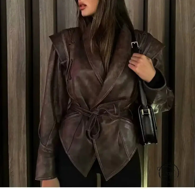 Fashionable faux leather jacket with high collar and tie waist