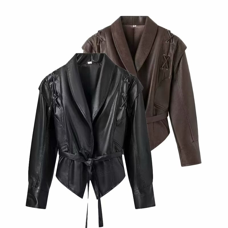Fashionable Langry faux leather jacket with lace detailing and tie waist