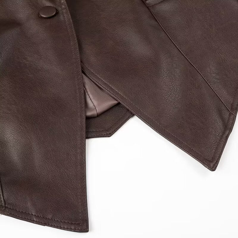 Fashionable Langry faux leather jacket with button closure and flap pockets