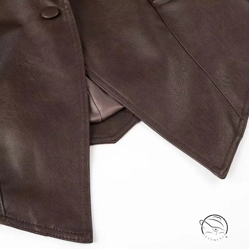 Fashionable faux leather jacket with button closure and flap pockets