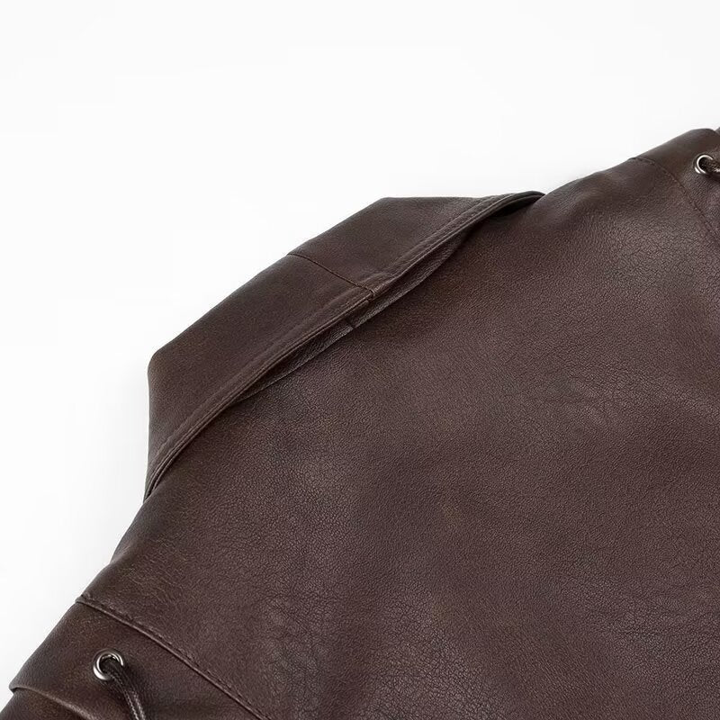 Langry faux leather jacket with brown drawstring backpack