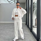Winter Fur Zipper Cardigan Casual Straight Pants Two Piece Sets