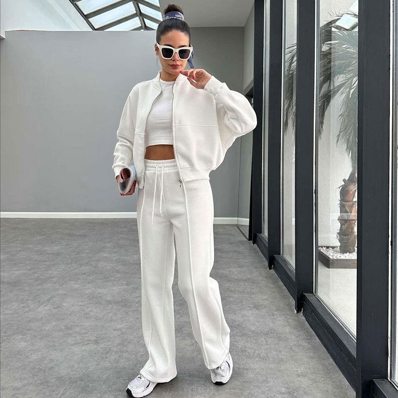 Winter Fur Zipper Cardigan Casual Straight Pants Two Piece Sets