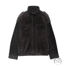Elegant black suede leather coat with patch pockets and high collar in langry fashion