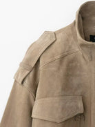 Elegant beige suede jacket with patch pockets, collar, langry fashion ملابس