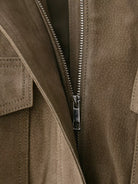 Elegant suede textured Langry fashion leather coat with brown jacket, silver zipper, pocket detail