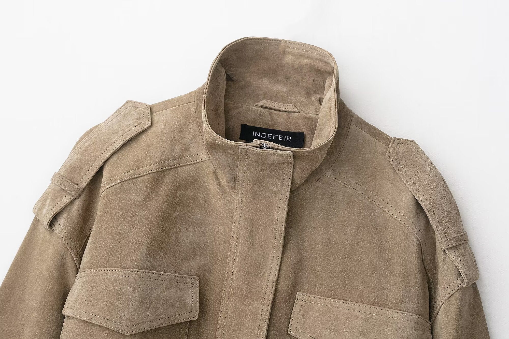 Elegant beige suede jacket with patch pockets, high collar in Langry fashion ملابس