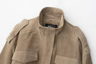 Elegant beige suede jacket with patch pockets, high collar in Langry fashion ملابس