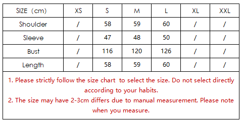 جدول مقاسات Langry fashion باللون الأبيض للمعطف القصير الصوفي المتناسق مع نص أسود وإبرازات حمراء.