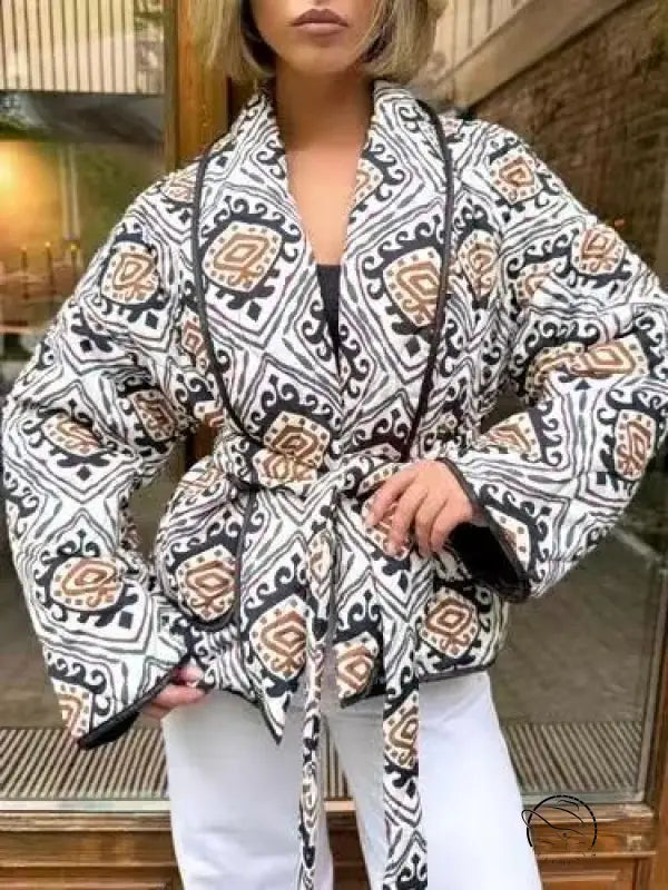 Langry fashion patterned kimono jacket in black, white, beige geometric print