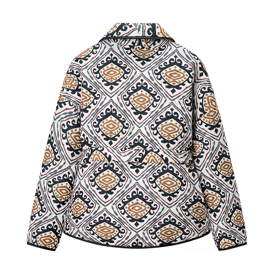 Langry fashion patterned winter coat with geometric black, white, gold designs