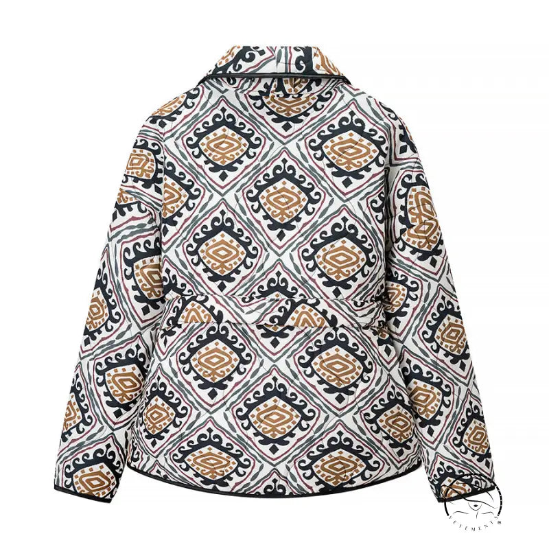 Langry fashion winter coat with geometric patterned jacket in black, white, gold