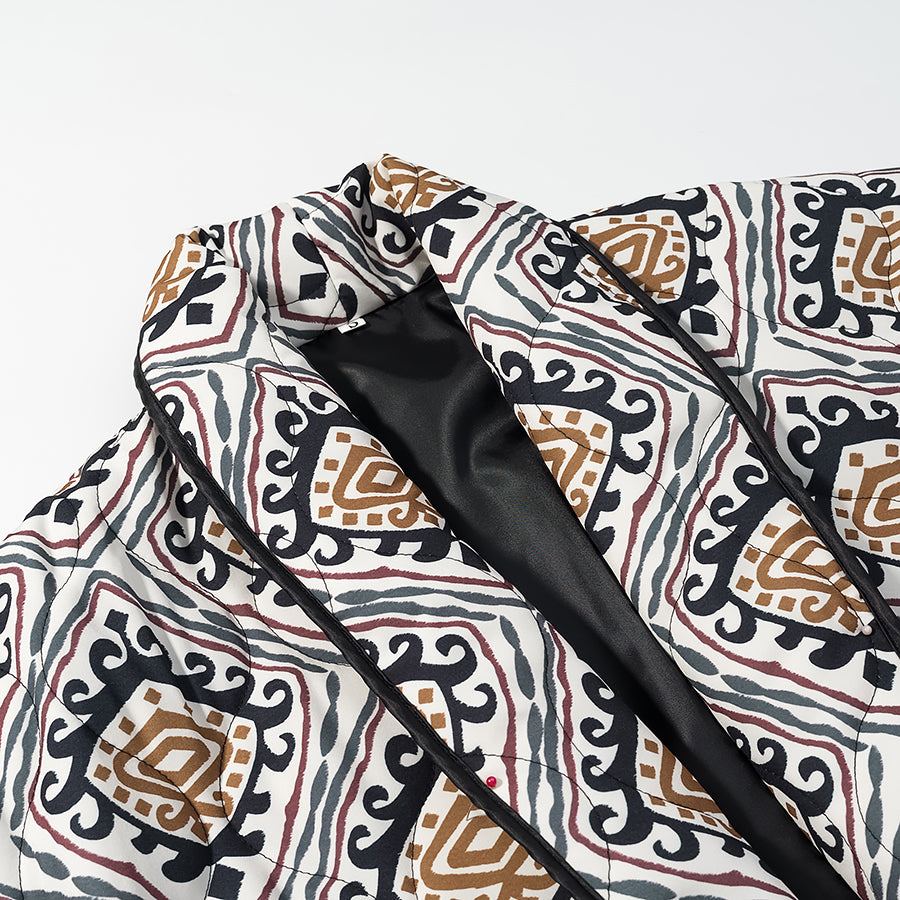 Langry fashion winter printed contrast cotton-padded coat with geometric quilted patterns in beige, brown, blue, red, white, gray, and black trim