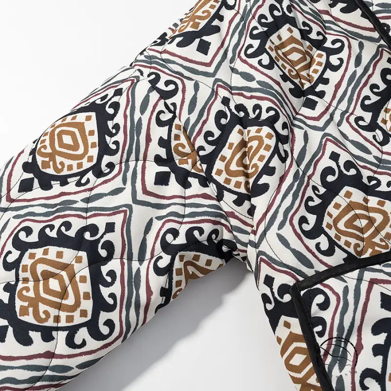 Langry fashion white and brown patterned quilted blanket with black trim in winter printing contrast color cotton-padded coat