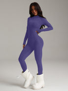 Purple Langry fashion bodysuit with fur-lined boots for yoga
