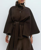 Graceful langry fashion brown wool cape coat with high collar, buttons, and wide belt