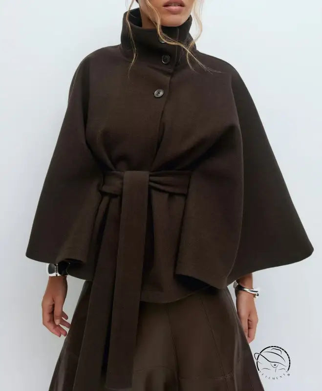 Graceful woolen cape coat with brown wool, high collar, buttons, and wide belt