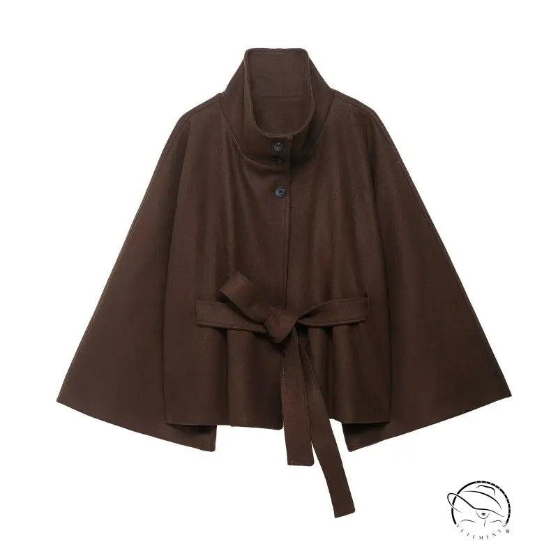Graceful woolen cape coat with brown fabric, high collar, and tie belt