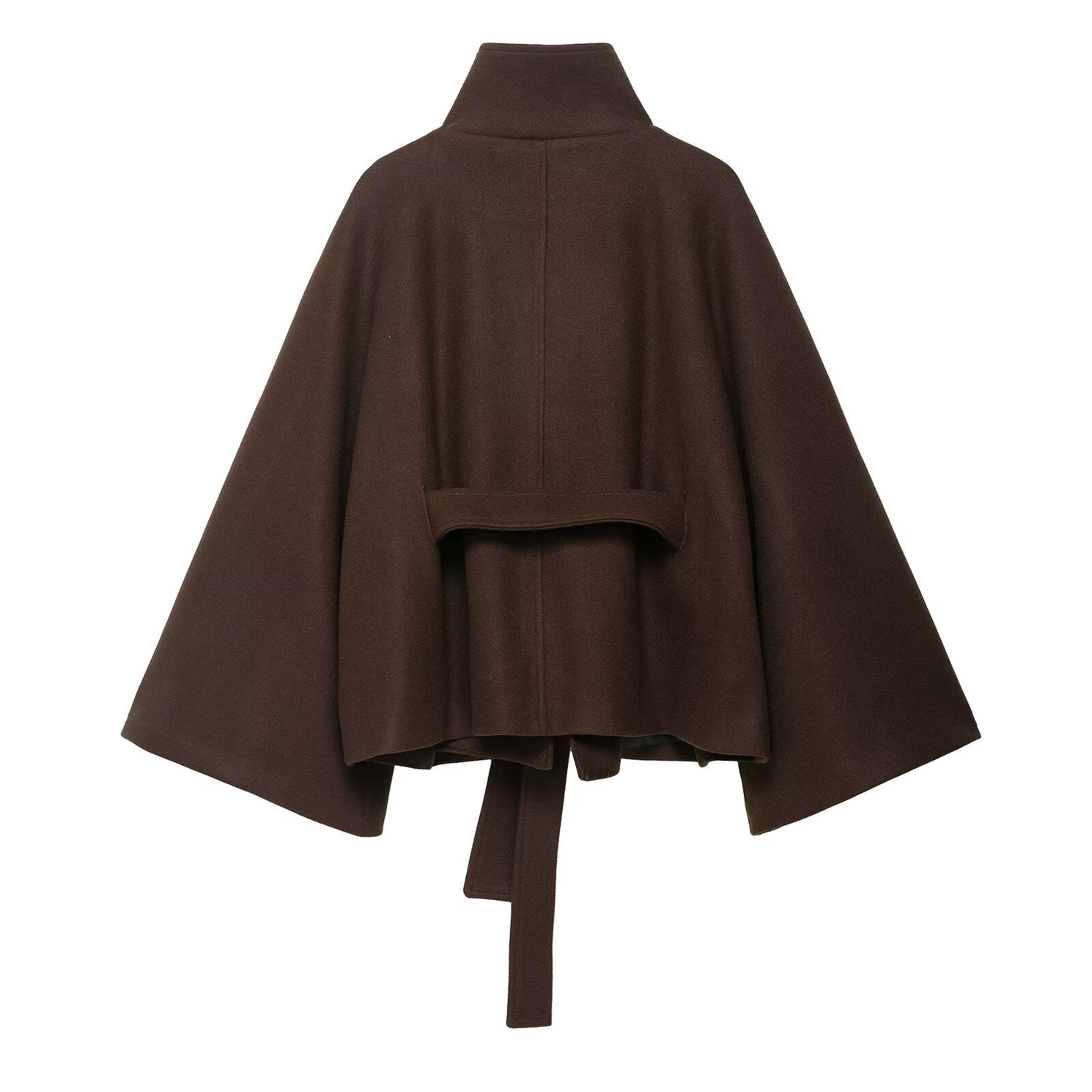 Langry brown wool cape coat with high collar and tie belt
